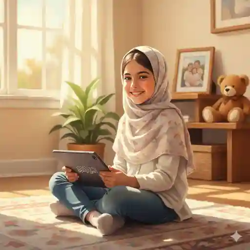 7 Unmatched Benefits of One-on-One Online Quran Classes 3 A happy young girl confidently reading Quran on a tablet in her comfortable home living room