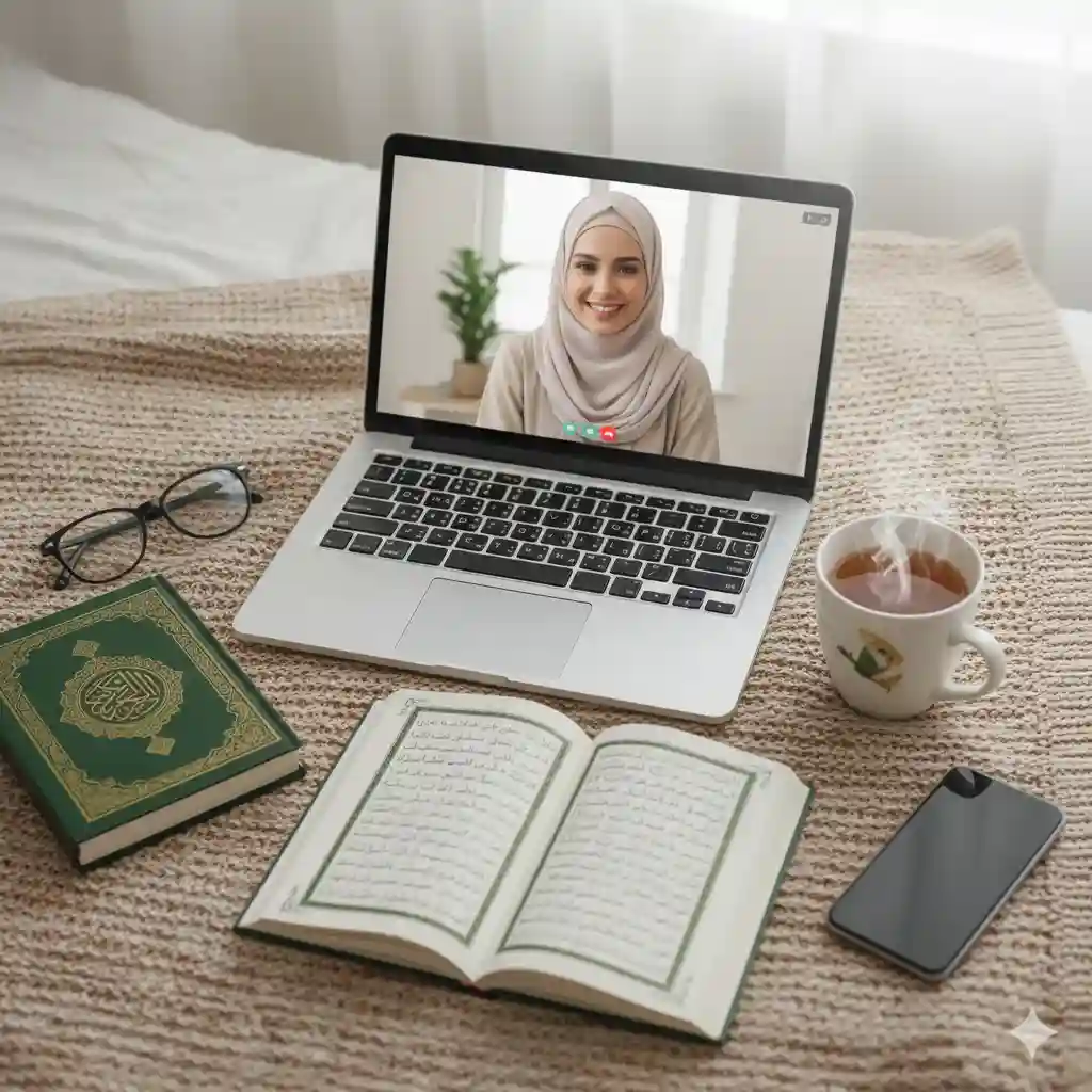 7 Unmatched Benefits of One-on-One Online Quran Classes 2 Learning Quran online at home with a laptop, tea, and Mushaf, showing flexibility and comfort