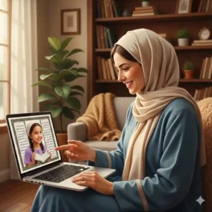 One-on-one online Quran classes between a smiling female teacher and a young student on a video call